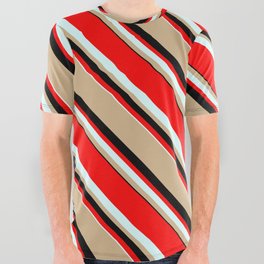 [ Thumbnail: Red, Light Cyan, Tan, and Black Colored Lines/Stripes Pattern All Over Graphic Tee ]