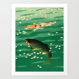Vintage Japanese Woodblock Print Asian Art Koi Pond Fish Turquoise Green Water Cherry Blossom Art Print