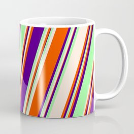 [ Thumbnail: Green, Beige, Red & Indigo Colored Stripes Pattern Coffee Mug ]