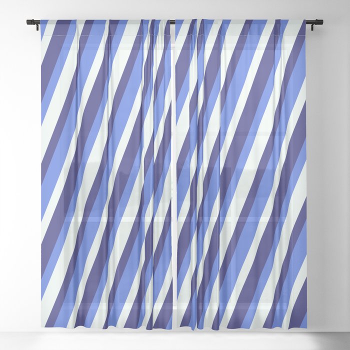 Royal Blue, Mint Cream & Midnight Blue Colored Lines/Stripes Pattern Sheer Curtain