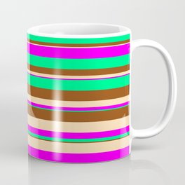[ Thumbnail: Tan, Fuchsia, Green & Brown Colored Striped Pattern Coffee Mug ]