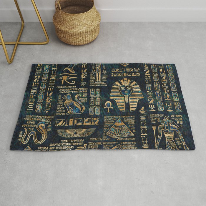 Egyptian hieroglyphs and deities -Abalone and gold Rug