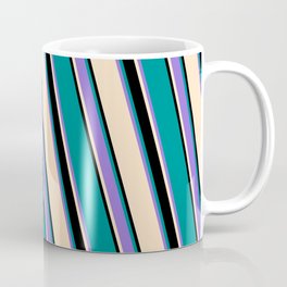 [ Thumbnail: Bisque, Black, Dark Cyan, and Purple Colored Striped Pattern Coffee Mug ]