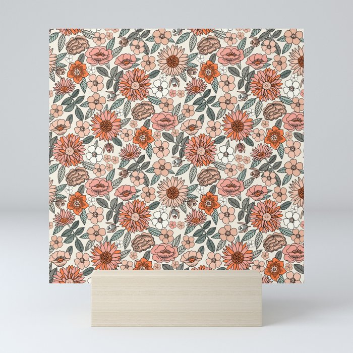 70s flowers - 70s, retro, spring, floral, florals, floral pattern, retro  flowers, boho, hippie, earthy, muted Mini Art Print by CharlotteWinter