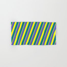 [ Thumbnail: Teal, Yellow, and Slate Blue Colored Lined/Striped Pattern Hand & Bath Towel ]