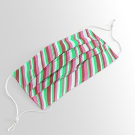 [ Thumbnail: Green, Brown, Hot Pink & Light Cyan Colored Striped Pattern Face Mask ]
