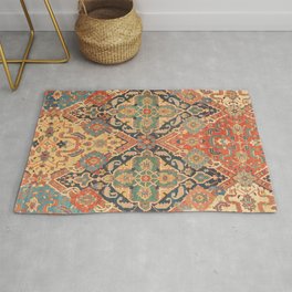 Geometric Leaves VIII // 18th Century Distressed Red Blue Green Colorful Ornate Accent Rug Pattern Area & Throw Rug