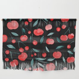 Watercolor cherries - black, red and teal Wall Hanging