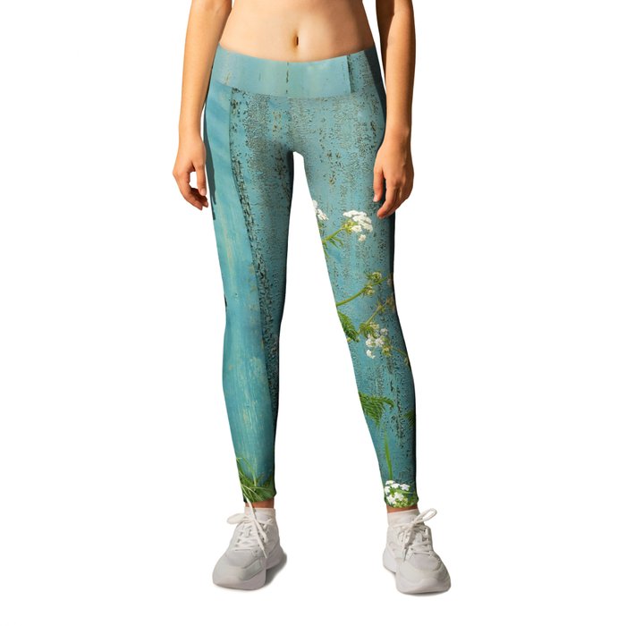 natural wild flowers floral outdoors blue metal fence texture Leggings