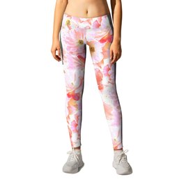 Abstracted Full Blown Roses in Candy Pink and Cream Leggings