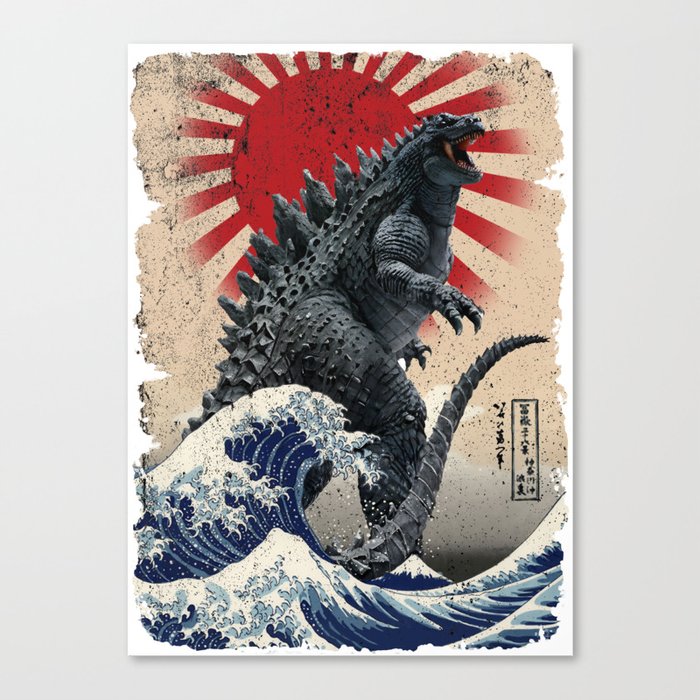 Godzilla And The Wave (Rough) Canvas Print
