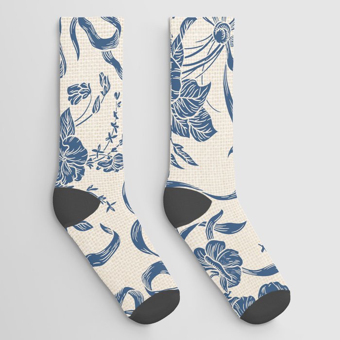 Chic Modern Vintage Ivory Navy Blue Floral Pattern Socks
