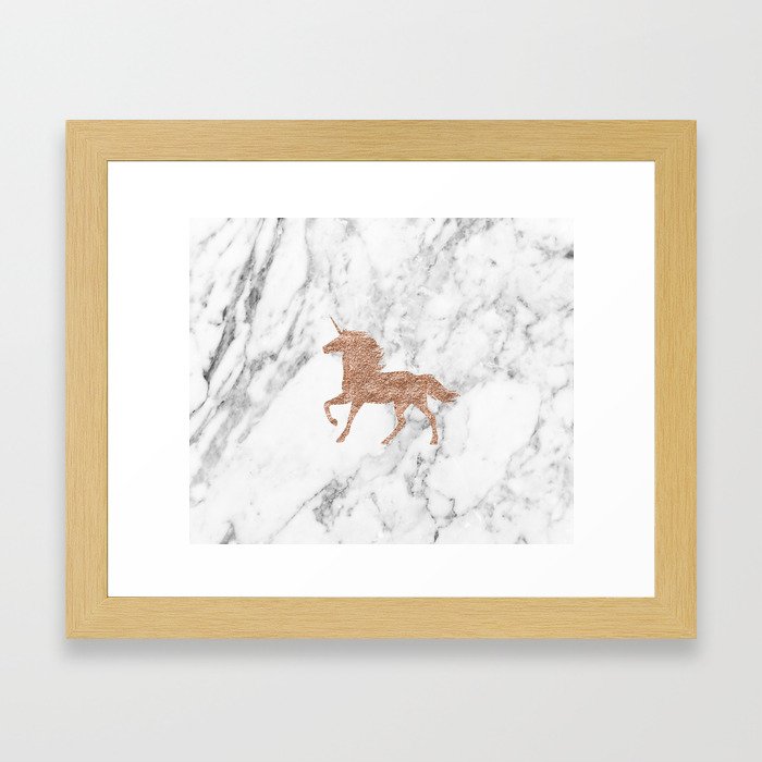 Rose gold unicorn on marble Framed Art Print