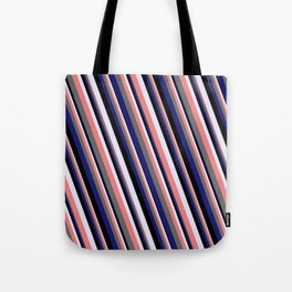 [ Thumbnail: Eye-catching Lavender, Light Coral, Dim Gray, Midnight Blue & Black Colored Striped/Lined Pattern Tote Bag ]