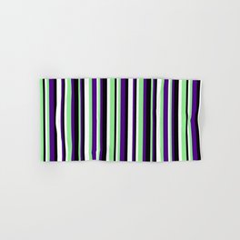 [ Thumbnail: Indigo, Light Green, White & Black Colored Stripes/Lines Pattern Hand & Bath Towel ]