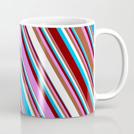 [ Thumbnail: Colorful Deep Sky Blue, Maroon, Violet, Sienna & White Colored Striped/Lined Pattern Coffee Mug ]
