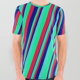 [ Thumbnail: Turquoise, Green, Crimson & Blue Colored Lines Pattern All Over Graphic Tee ]