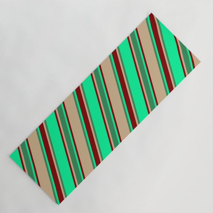 Green, Maroon, Tan & Sea Green Colored Lined/Striped Pattern Yoga Mat