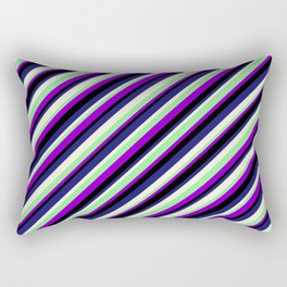 [ Thumbnail: Dark Violet, Black, Midnight Blue, Beige & Light Green Colored Lined Pattern Rectangular Pillow ]