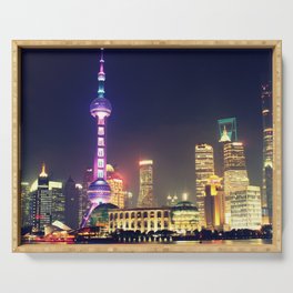 China Photography - Famous Tower In The Lit Up City Of Shanghai Serving Tray