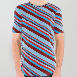[ Thumbnail: Red, Deep Sky Blue, Maroon & Sky Blue Colored Lined/Striped Pattern All Over Graphic Tee ]
