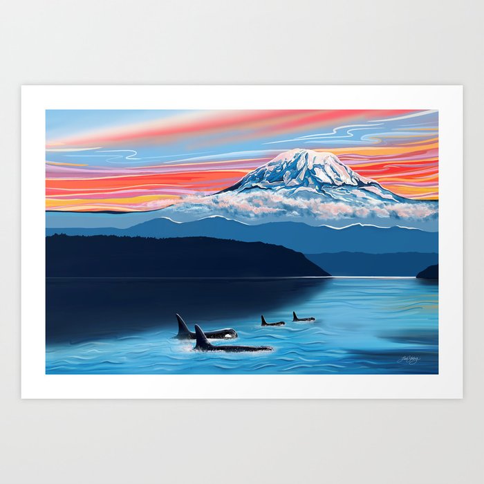 Mount Rainier and Killer Whale Family Art Print