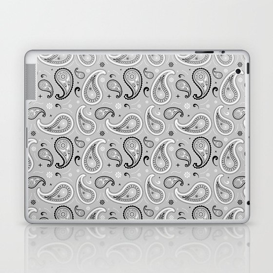 Black and White Paisley Pattern on Dark Light Grey Background Laptop & iPad Skin
