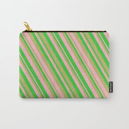 [ Thumbnail: Dark Khaki, Light Pink & Lime Green Colored Lines/Stripes Pattern Carry-All Pouch ]