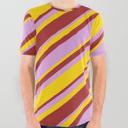 [ Thumbnail: Yellow, Brown, and Plum Colored Pattern of Stripes All Over Graphic Tee ]