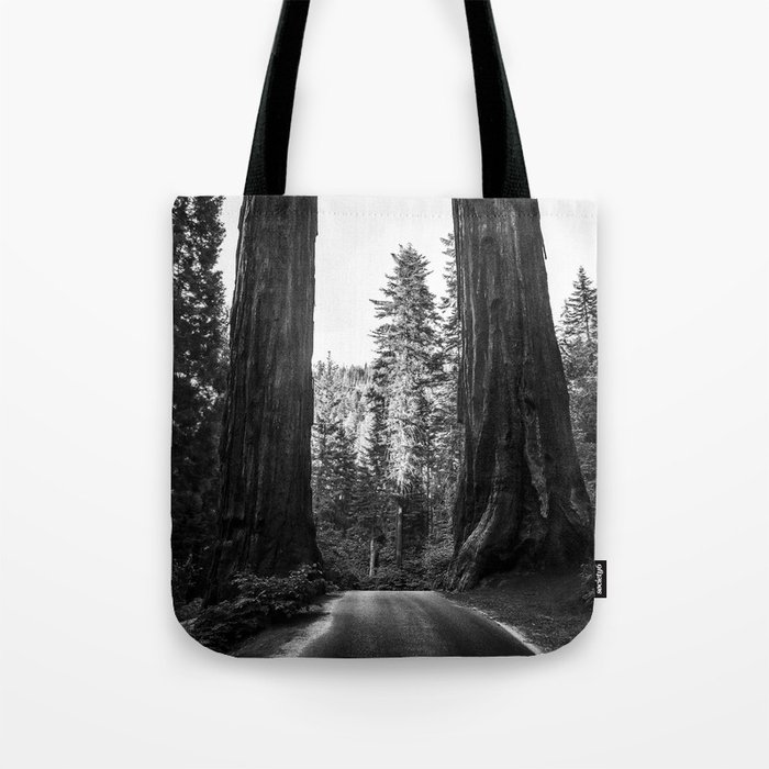 Twin giant redwoods II portrait version / sequoias Pacific Coast California nature black and white landscape photograph / photography Tote Bag