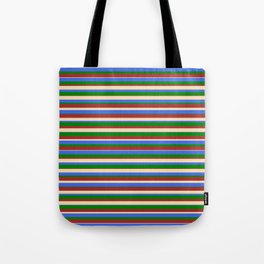 [ Thumbnail: Tan, Royal Blue, Green, and Brown Colored Stripes/Lines Pattern Tote Bag ]