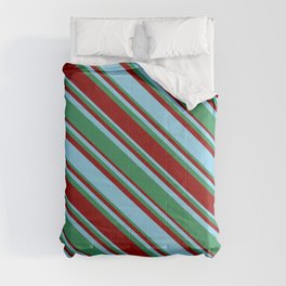 [ Thumbnail: Sky Blue, Sea Green, and Dark Red Colored Lined/Striped Pattern Comforter ]