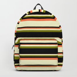 [ Thumbnail: Coral, Light Yellow, Green, and Black Colored Lined/Striped Pattern Backpack ]