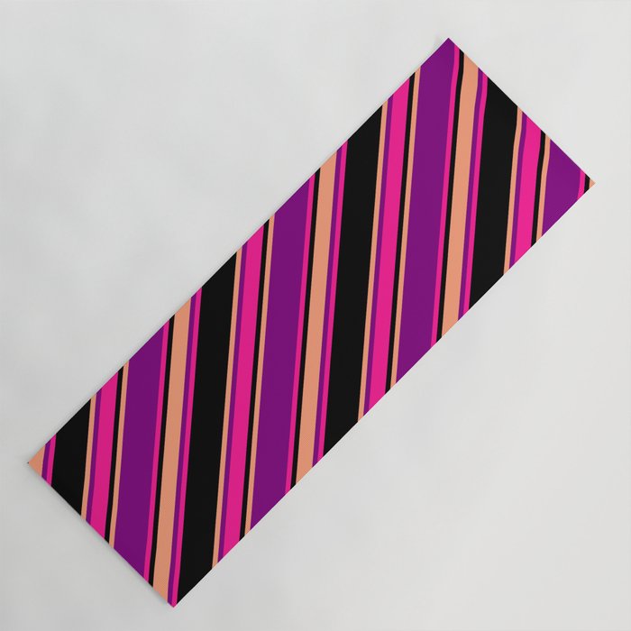 Purple, Deep Pink, Black & Light Salmon Colored Striped Pattern Yoga Mat