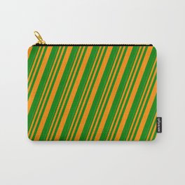 [ Thumbnail: Dark Orange & Green Colored Stripes Pattern Carry-All Pouch ]