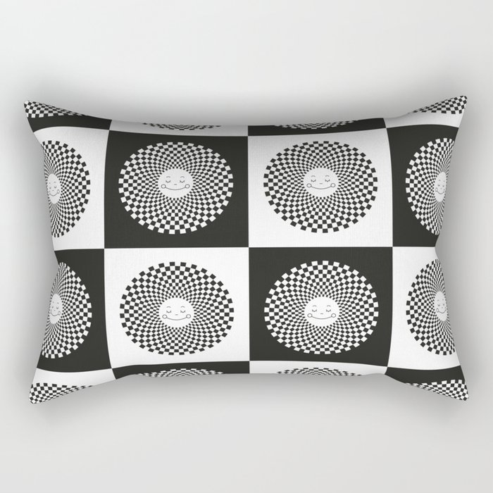 Checkered Black and White Smiley Sun Pattern Rectangular Pillow