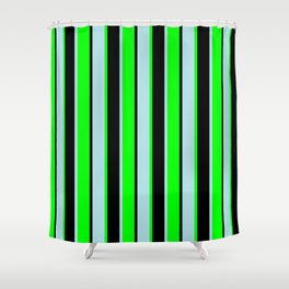 [ Thumbnail: Powder Blue, Lime, and Black Colored Striped/Lined Pattern Shower Curtain ]