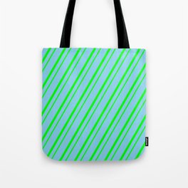 [ Thumbnail: Sky Blue & Lime Colored Striped Pattern Tote Bag ]