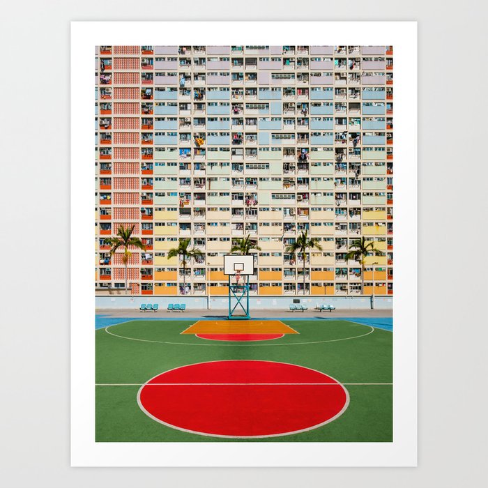  Basketball court, Hong Kong - Colorful rainbow building Facade Art Print