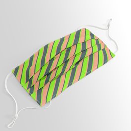 [ Thumbnail: Chartreuse, Light Salmon, and Dark Slate Gray Colored Pattern of Stripes Face Mask ]