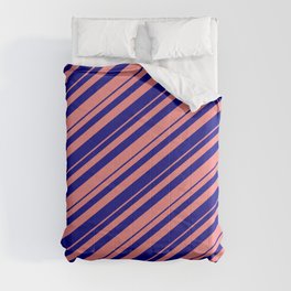 [ Thumbnail: Blue and Light Coral Colored Lined Pattern Comforter ]