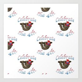American Sloth Celebrate the 4th Pattern Art Print | Animal, Cartoon, Wildlife, Typography, Tree, Pattern, Cute, White, Mammal, Exotic 