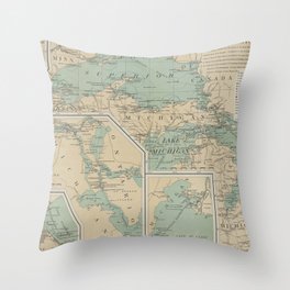 Vintage Great Lakes Lighthouse Map (1898) Throw Pillow