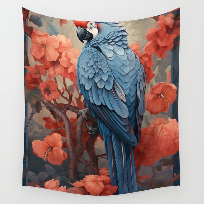 Blue Parrot with Flowers Wall Tapestry