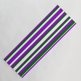 [ Thumbnail: Dark Green, White & Dark Violet Colored Lined Pattern Yoga Mat ]
