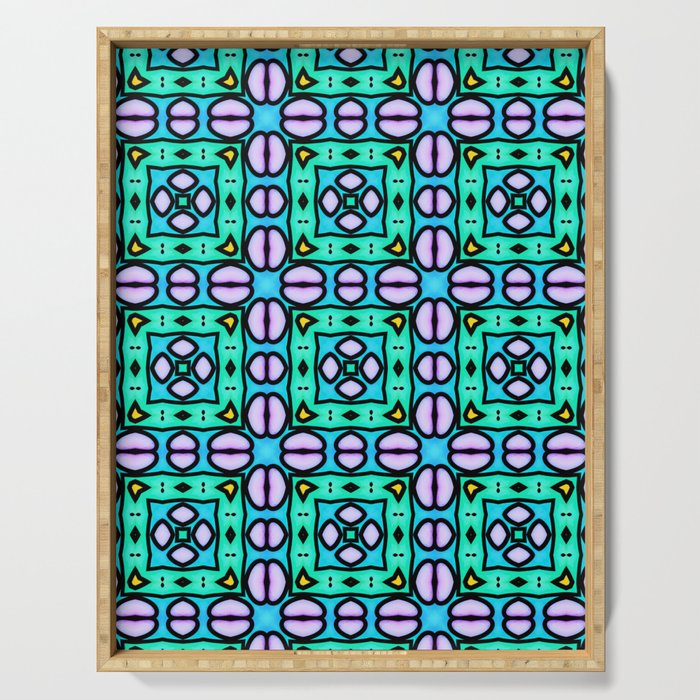 Modern abstract geometrical pattern in lavender, black, yellow, purple, turquoise blue, light green, turquoise Serving Tray