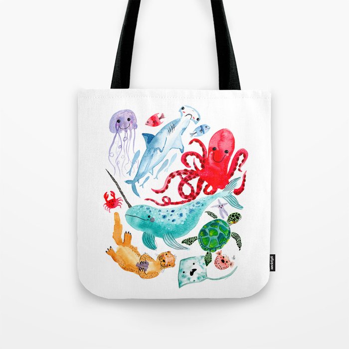 Ocean Creatures - Sea Animals Characters - Watercolor Tote Bag