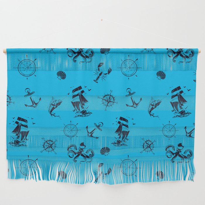 Turquoise And Blue Silhouettes Of Vintage Nautical Pattern Wall Hanging