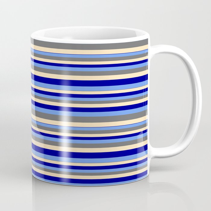 Beige, Dark Blue, Cornflower Blue, and Dim Gray Colored Stripes Pattern Coffee Mug