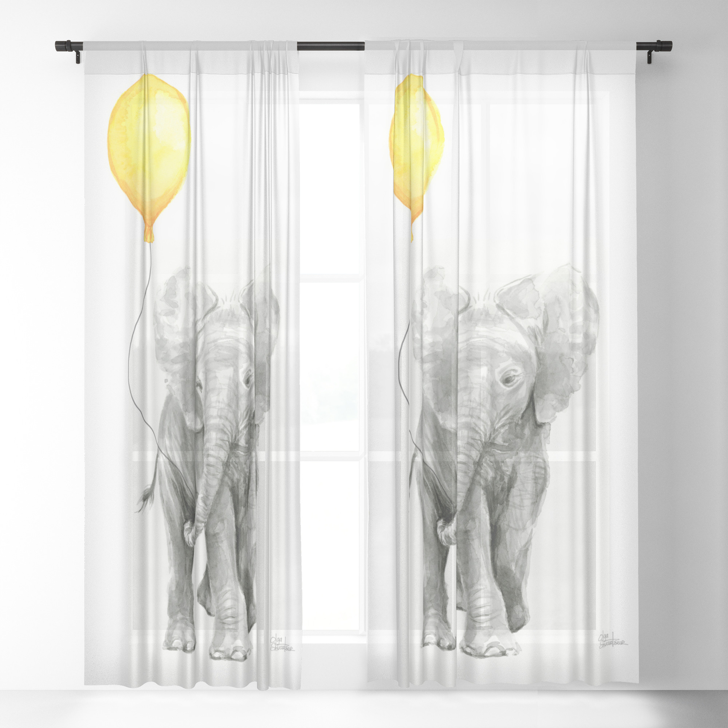 Elephant Watercolor Yellow Balloon Whimsical Baby Animals Sheer